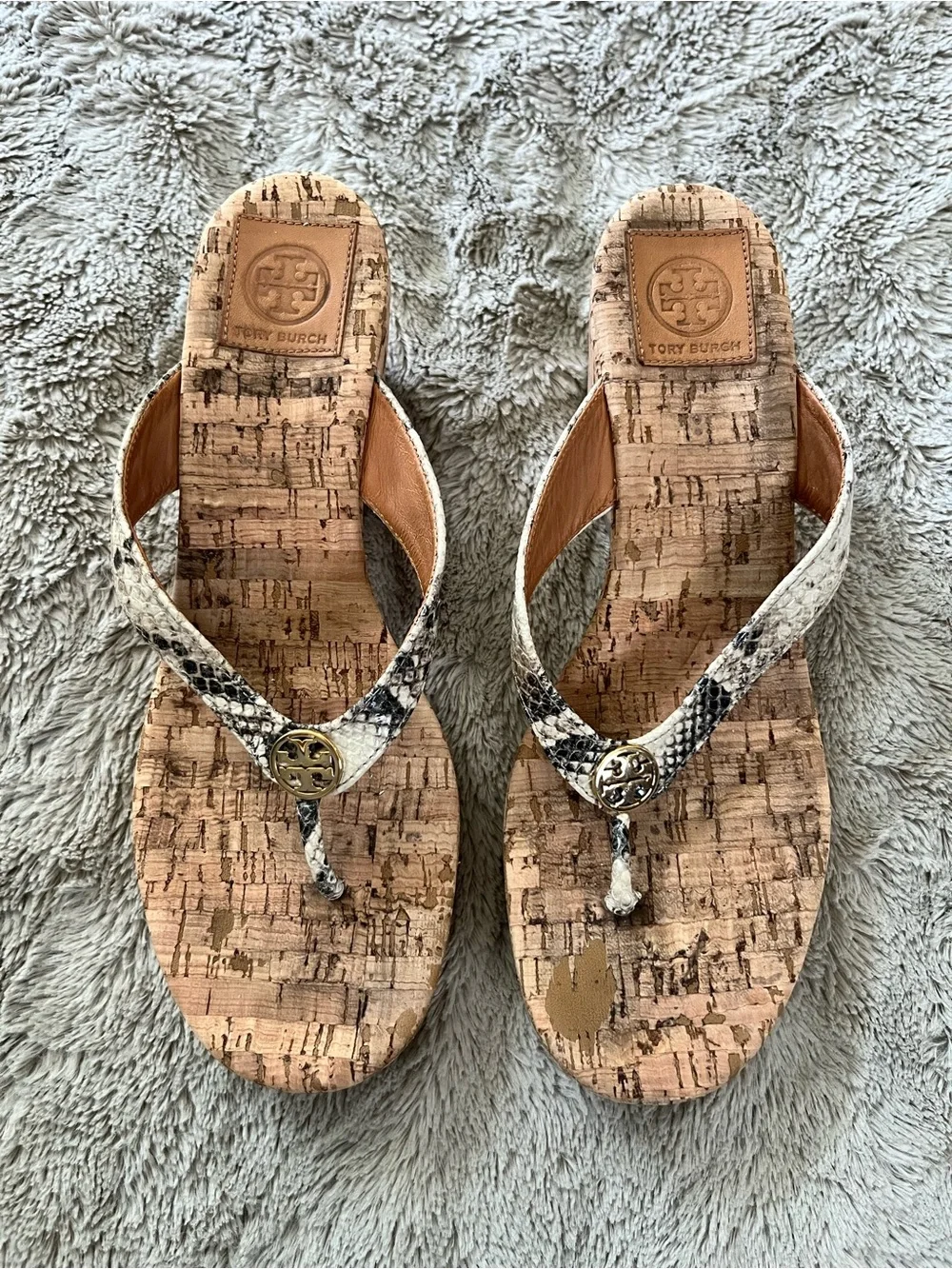 Tory Burch Suzy Cork Leather Thong Sandals with Snake-Print Straps and Gold Logo